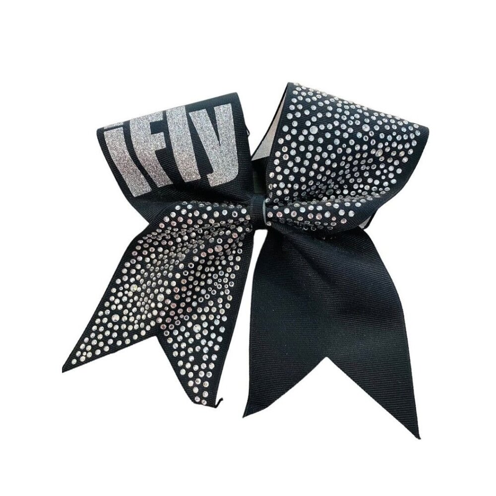 Girls Oversize Hair Bow 6.5" Elastic Ponytail Holder "iFly" Black Silver Bejewel